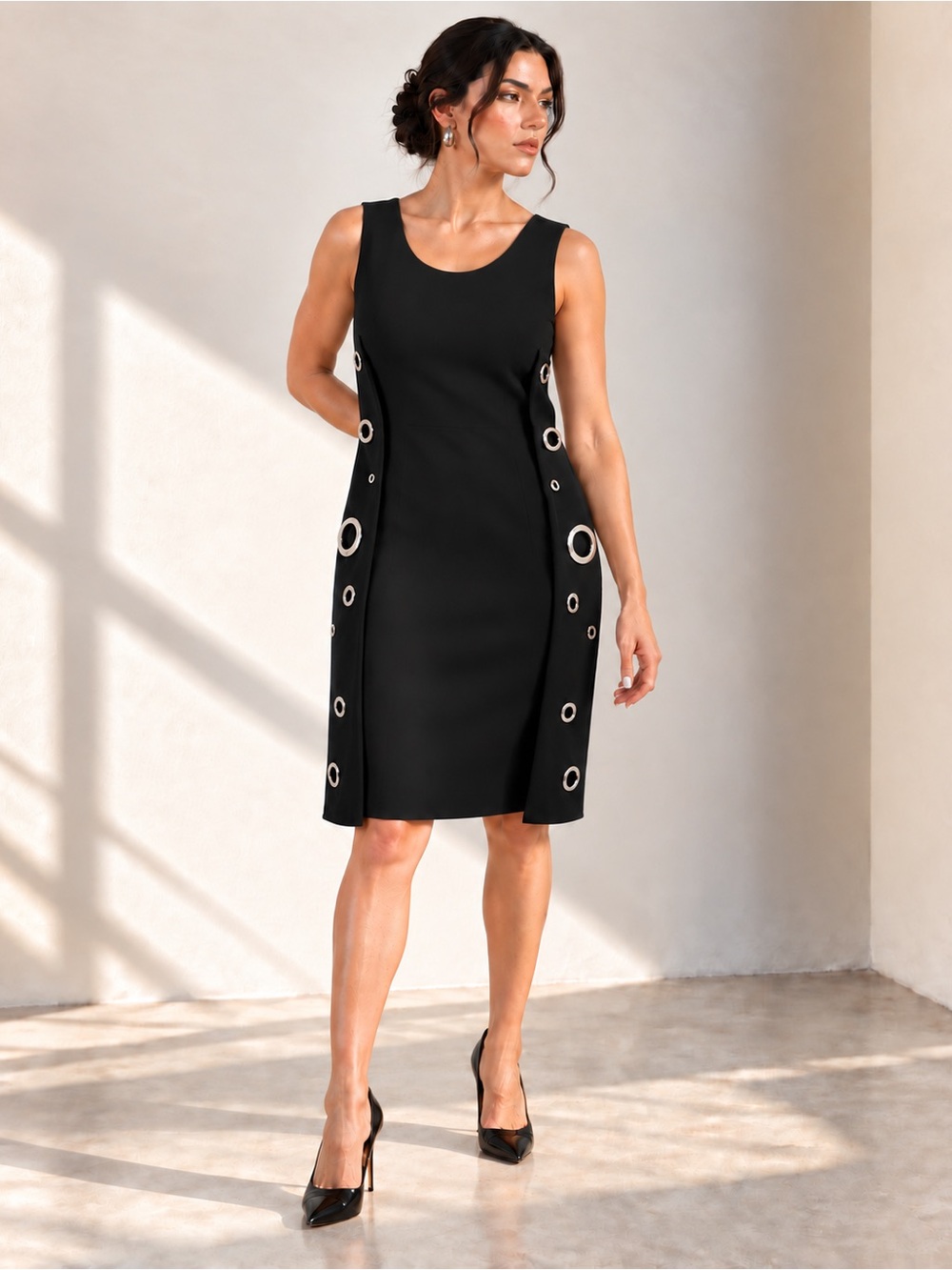 Joseph Ribkoff Black Silver Grommet Bodycon Sheath Dress Sz 2X